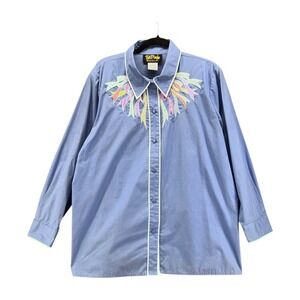 Bob Mackie Woman Button Up Shirt Size 1X Embroidered Wearable Art Pointed Collar